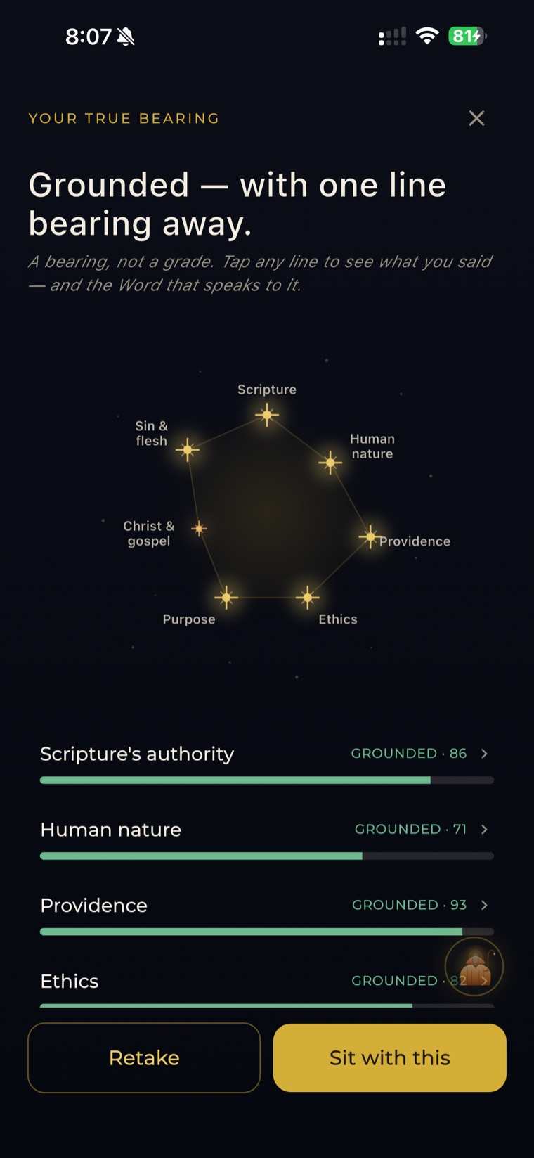 TrueBearing — an honest read on where you stand, weighed against Scripture