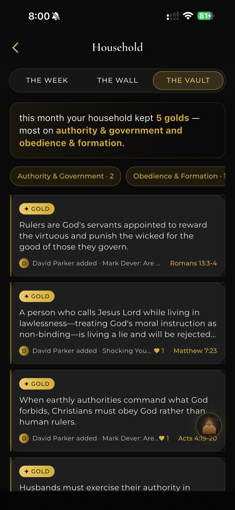 The Vault — a household's shared canon of gold-tier, verified Scripture