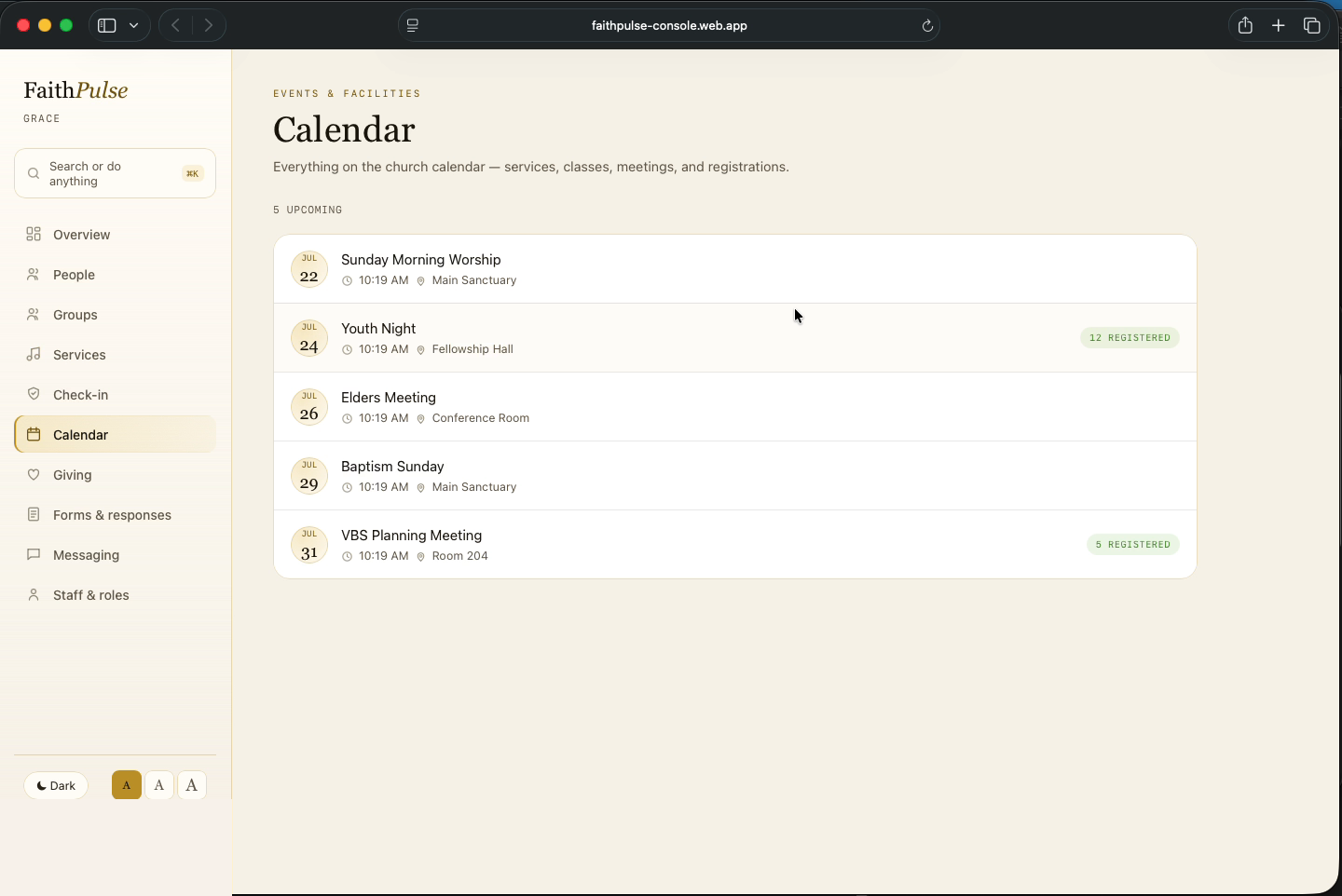 Church calendar of events with dates, locations, and registrations