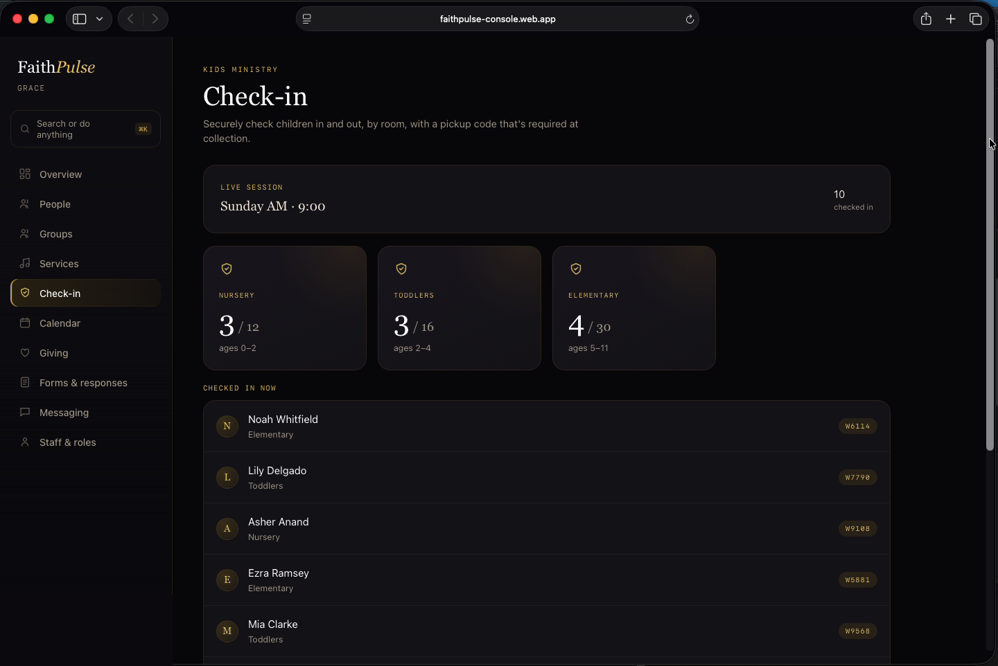 Secure kids check-in board with per-room counts and pickup codes
