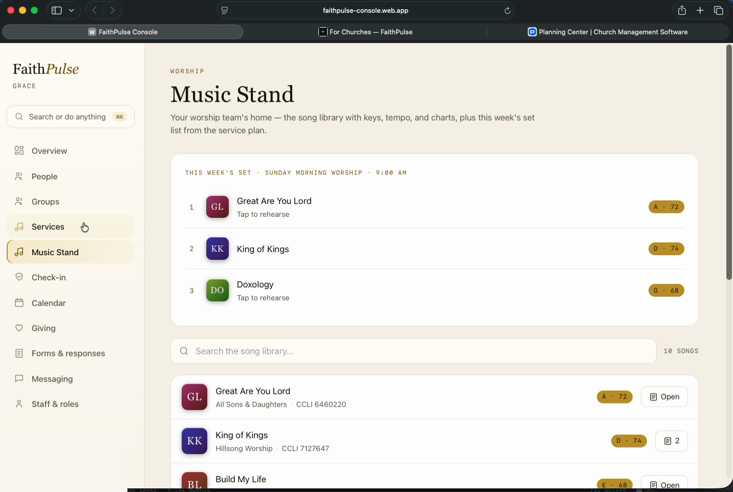 Music Stand — the worship song library with keys, tempo, and this week's set list
