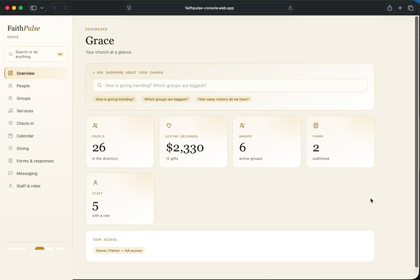 The FaithPulse church console — a pastor's dashboard with a Shepherd AI search bar and live church stats