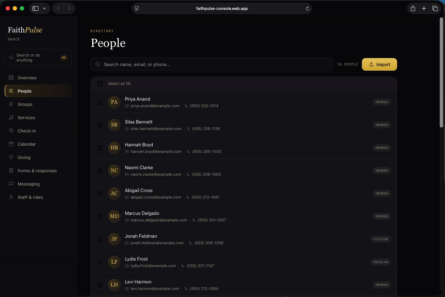 Church people directory with contacts and one-tap import