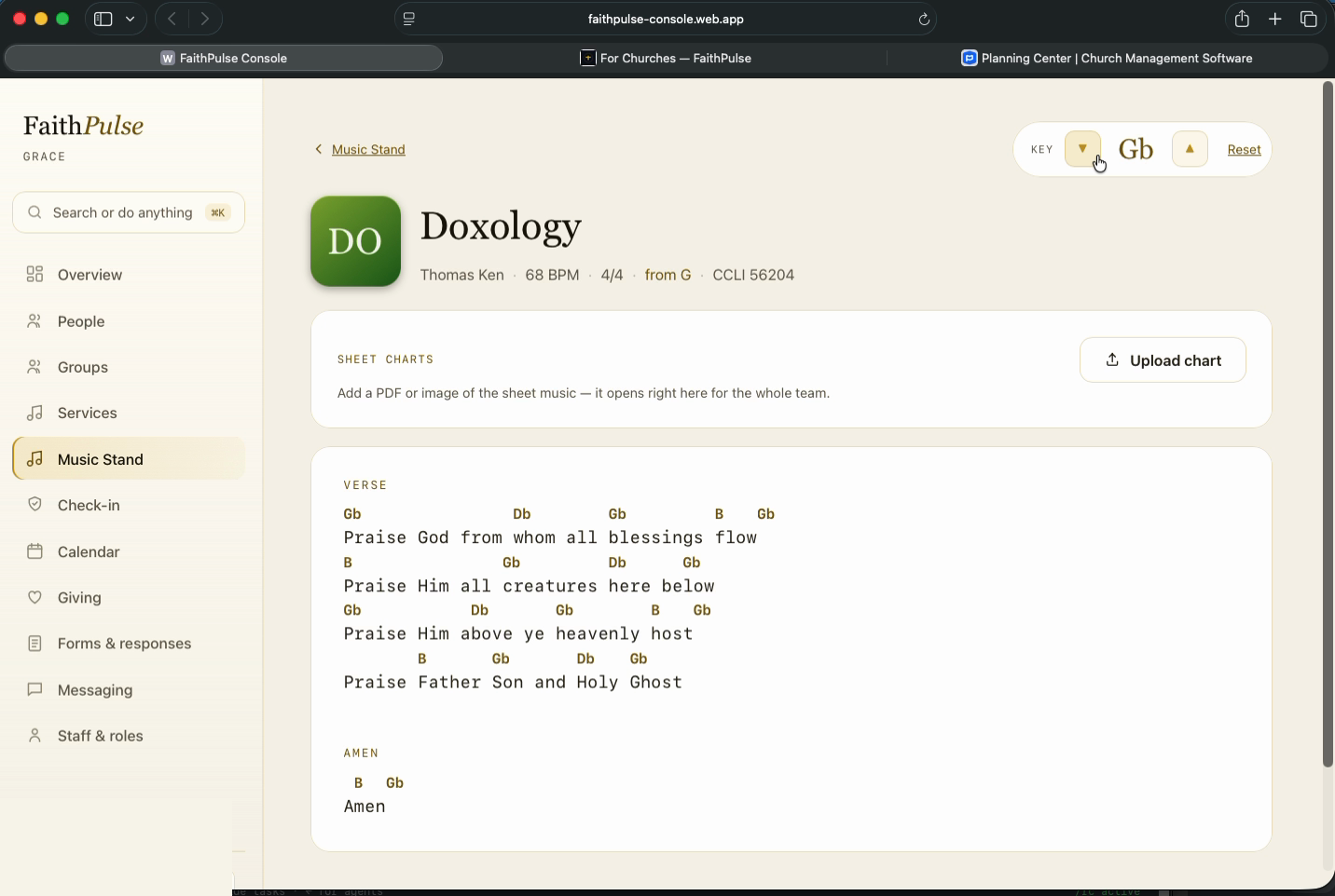 A song's chord chart with live transpose to any key and uploaded sheet charts