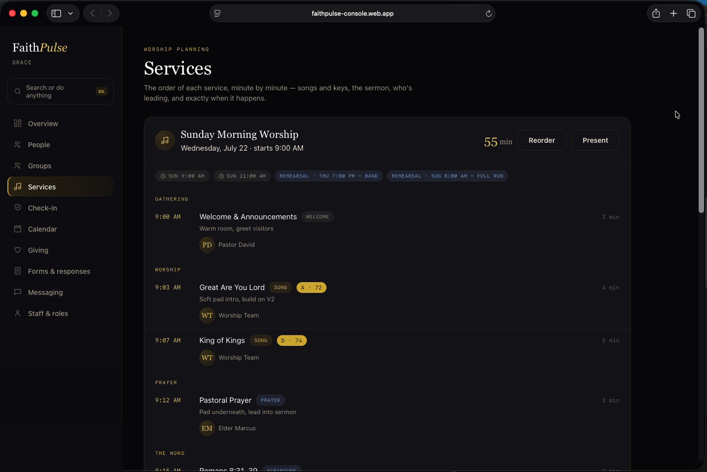 Service run sheet with minute-by-minute order of worship, song keys, and assignments