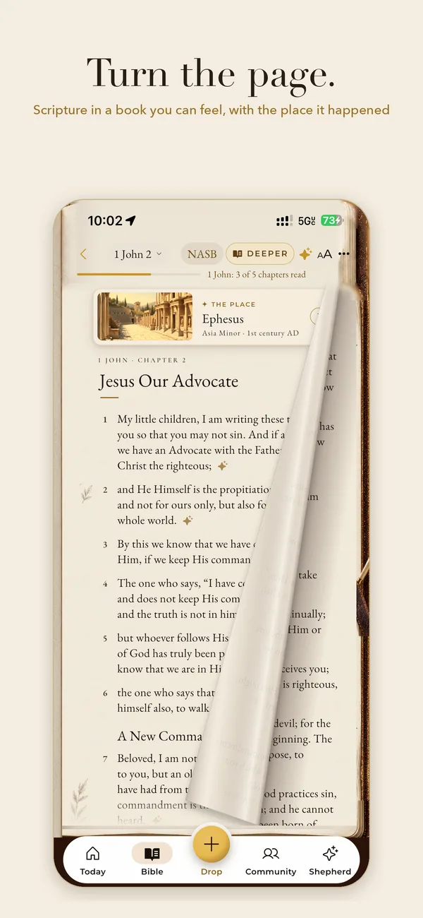 Turn the page. Scripture in a book you can feel, with the place it happened.